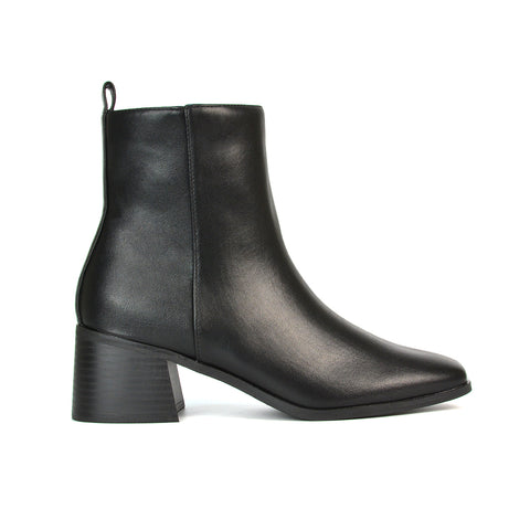 Cece Low Block Heel Square Toe Chelsea Ankle Boots in Black Synthetic Leather