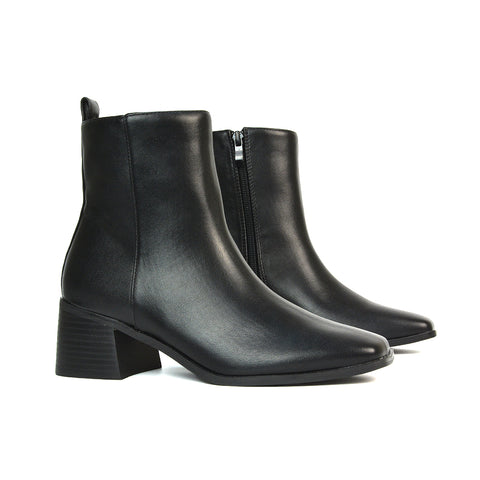 Cece Low Block Heel Square Toe Chelsea Ankle Boots in Black Synthetic Leather