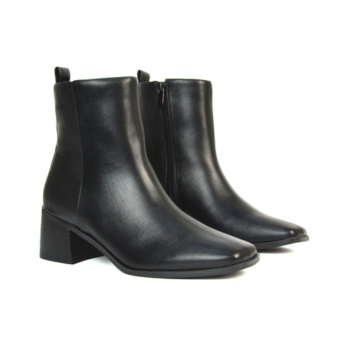 Cece Low Block Heel Square Toe Chelsea Ankle Boots in Black Synthetic Leather