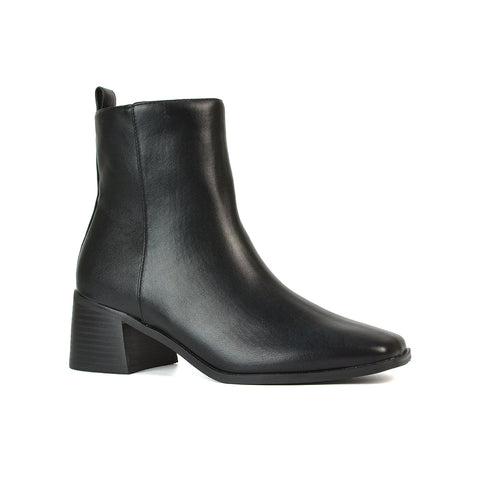 Cece Low Block Heel Square Toe Chelsea Ankle Boots in Black Synthetic Leather