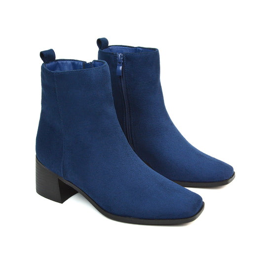 Cece Low Block Heel Square Toe Chelsea Ankle Boots in Navy Faux Suede