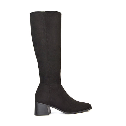 Ari Square Toe Knee High Low Block Heeled Winter Boots in Black Faux Suede