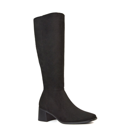 Ari Square Toe Knee High Low Block Heeled Winter Boots in Black Faux Suede