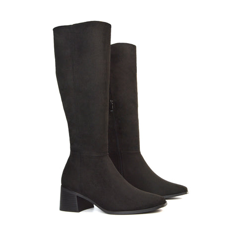 Ari Square Toe Knee High Low Block Heeled Winter Boots in Black Faux Suede