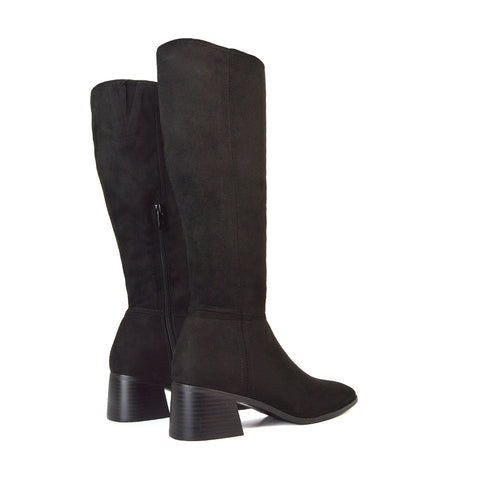 Ari Square Toe Knee High Low Block Heeled Winter Boots in Black Faux Suede