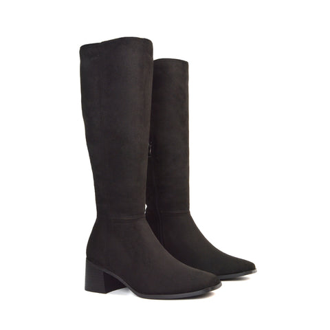 Ari Square Toe Knee High Low Block Heeled Winter Boots in Black Faux Suede