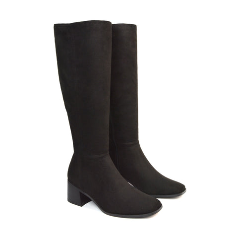 Ari Square Toe Knee High Low Block Heeled Winter Boots in Black Faux Suede