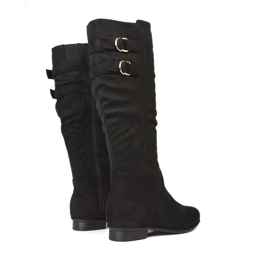 Mia Women's Slouchy Flat Heel Knee High Boots With Buckle Detail in Black Faux Suede