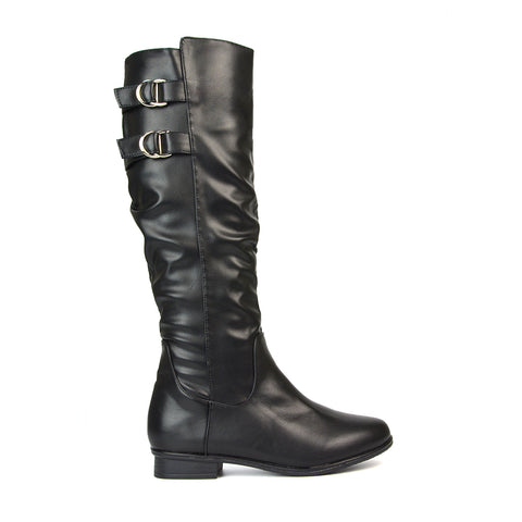 Mia Women's Slouchy Flat Heel Knee High Boots With Buckle Detail in Black Synthetic Leather