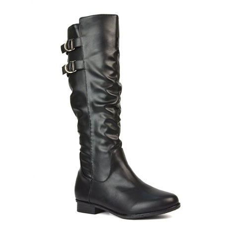 Mia Women's Slouchy Flat Heel Knee High Boots With Buckle Detail in Black Synthetic Leather