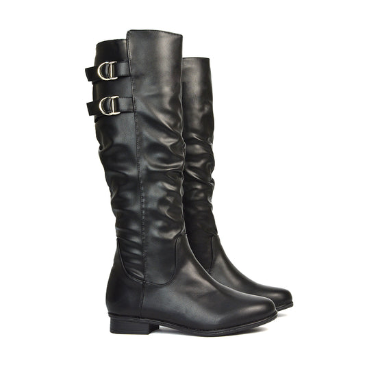 Mia Women's Slouchy Flat Heel Knee High Boots With Buckle Detail in Black Synthetic Leather