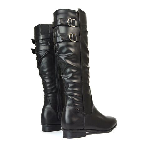 Mia Women's Slouchy Flat Heel Knee High Boots With Buckle Detail in Black Synthetic Leather