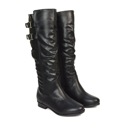 Mia Women's Slouchy Flat Heel Knee High Boots With Buckle Detail in Black Synthetic Leather