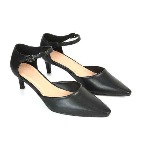 Lacey Kitten Low Heel Ankle Strap Pointed Toe Shoes in Black Synthetic Leather