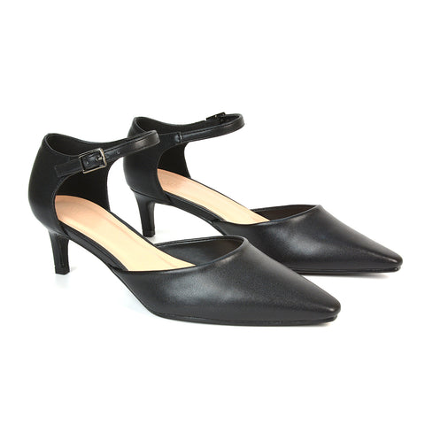 Lacey Kitten Low Heel Ankle Strap Pointed Toe Shoes in Black Synthetic Leather