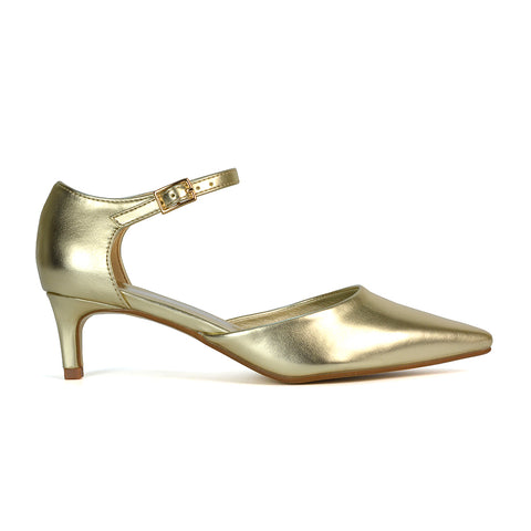 Lacey Kitten Low Heel Ankle Strap Pointed Toe Shoes in Gold Metallic