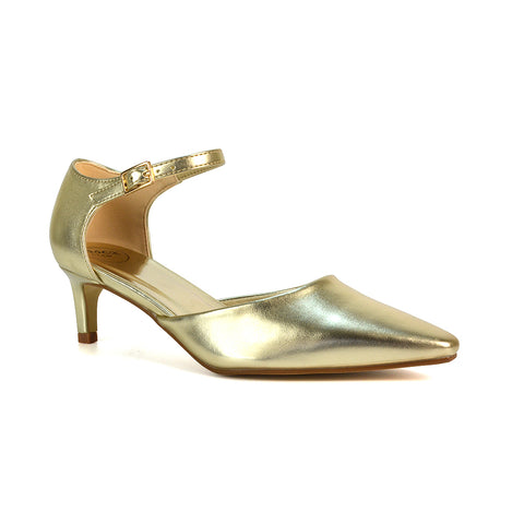 Lacey Kitten Low Heel Ankle Strap Pointed Toe Shoes in Gold Metallic