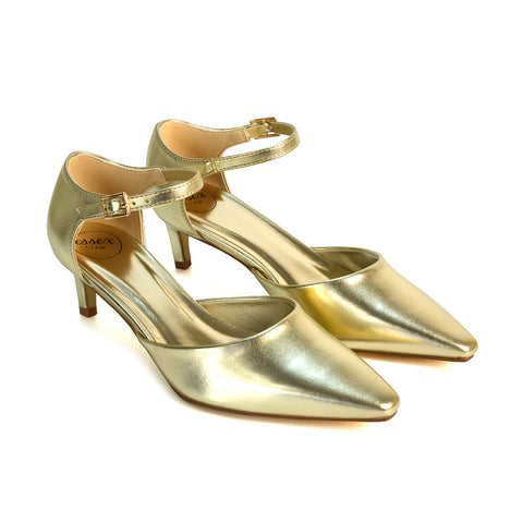 Lacey Kitten Low Heel Ankle Strap Pointed Toe Shoes in Gold Metallic