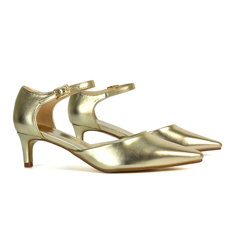 Lacey Kitten Low Heel Ankle Strap Pointed Toe Shoes in Gold Metallic