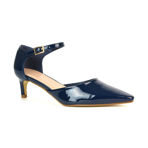 Lacey Kitten Low Heel Ankle Strap Pointed Toe Shoes in Navy Patent