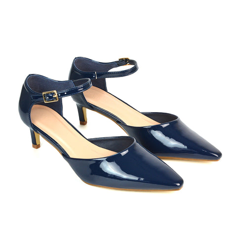 Lacey Kitten Low Heel Ankle Strap Pointed Toe Shoes in Navy Patent