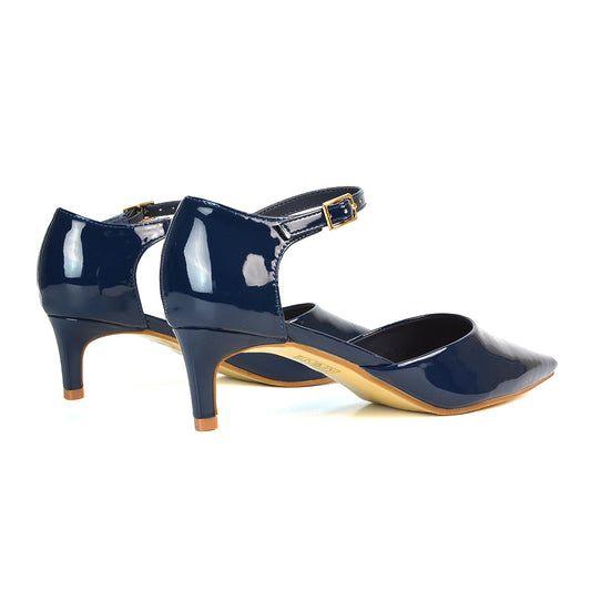 Lacey Kitten Low Heel Ankle Strap Pointed Toe Shoes in Navy Patent