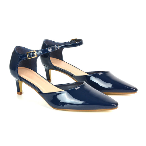 Lacey Kitten Low Heel Ankle Strap Pointed Toe Shoes in Navy Patent