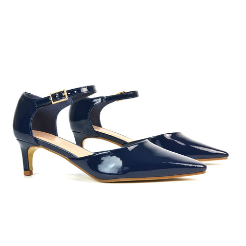 Lacey Kitten Low Heel Ankle Strap Pointed Toe Shoes in Navy Patent