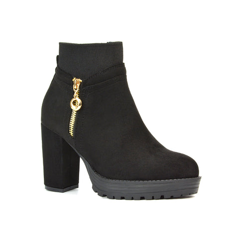 Caitlin Platform Block High Heel Zip Up Sock Ankle Boots in Black Faux Suede