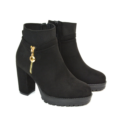 Caitlin Platform Block High Heel Zip Up Sock Ankle Boots in Black Faux Suede