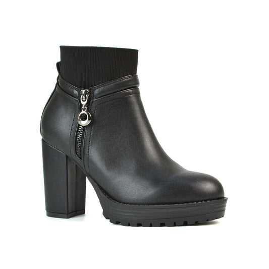 Caitlin Platform Block High Heel Zip Up Sock Ankle Boots in Black Synthetic Leather