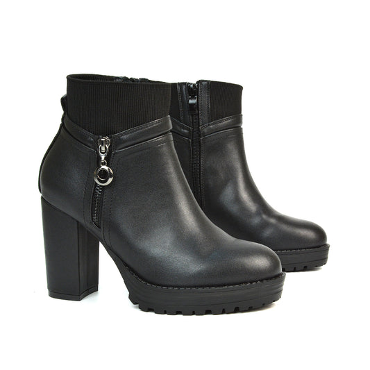 Caitlin Platform Block High Heel Zip Up Sock Ankle Boots in Black Synthetic Leather