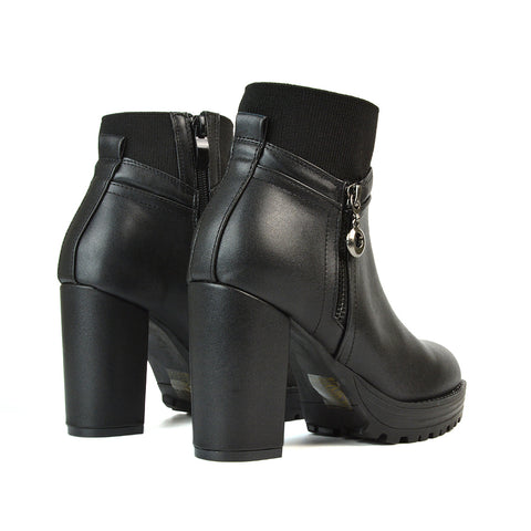 Caitlin Platform Block High Heel Zip Up Sock Ankle Boots in Black Faux Suede