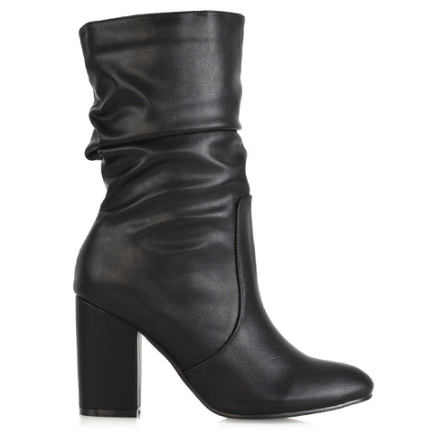 Belle Mid Block Heel Ruched Pull On Mid Calf Boots in Black Faux Suede