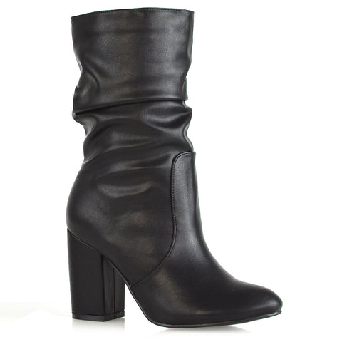 Belle Mid Block Heel Ruched Pull On Mid Calf Boots in Black Faux Suede