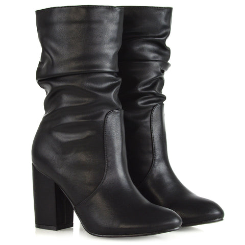 Belle Mid Block Heel Ruched Pull On Mid Calf Boots in Black Faux Suede