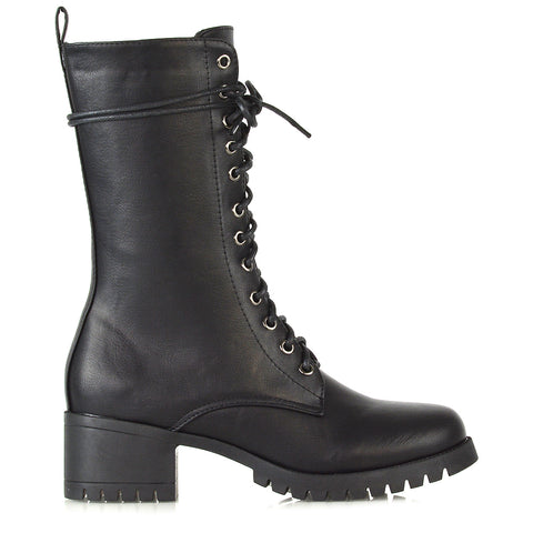 KF-1 Black Synthetic Leather Lace Up Boots