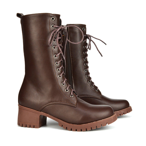 KF-1 Brown Synthetic Leather Lace Up Boots