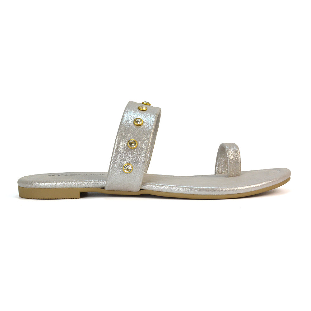 Sammie Slip On Toe Post Flat Heel Diamante Leather Summer Sandal Slides in Brown