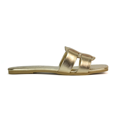 Selma Slip On Mule Square Toe Leather Flat Sandals Slides in Gold