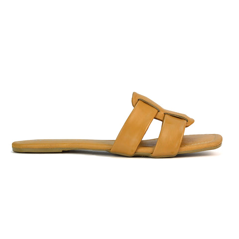 Selma Slip On Mule Square Toe Leather Flat Sandals Slides in Tan