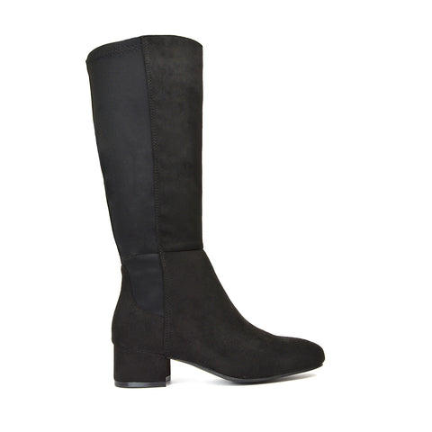 Hannah Low Block Heel Elasticated Calf Long Boots in Black Synthetic Leather