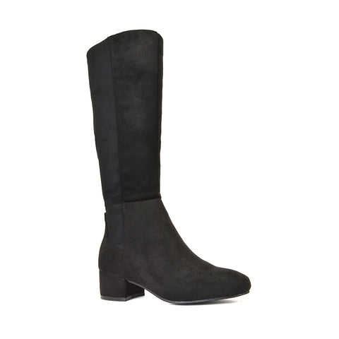 Hannah Low Block Heel Elasticated Calf Long Boots in Black Synthetic Leather