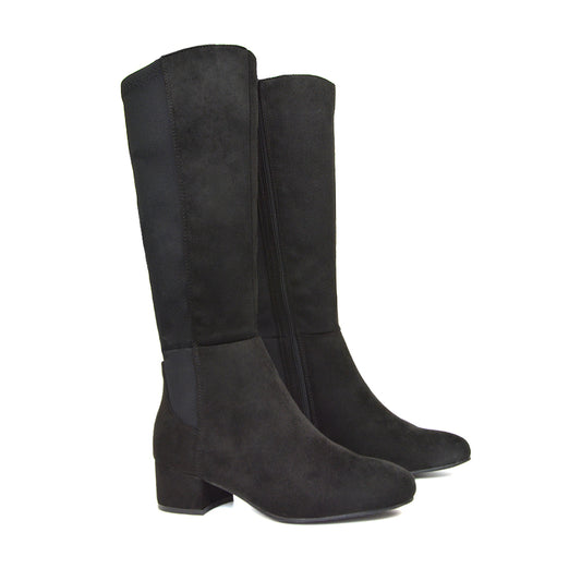 Hannah Low Block Heel Elasticated Calf Long Boots in Black Faux Suede