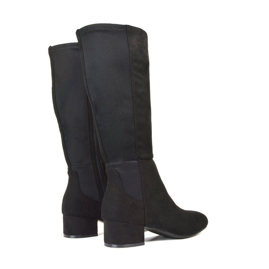 Hannah Low Block Heel Elasticated Calf Long Boots in Black Faux Suede