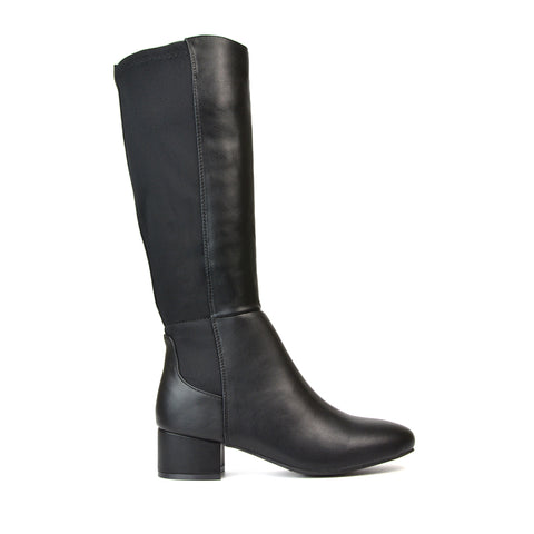 Hannah Low Block Heel Elasticated Calf Long Boots in Black Synthetic Leather