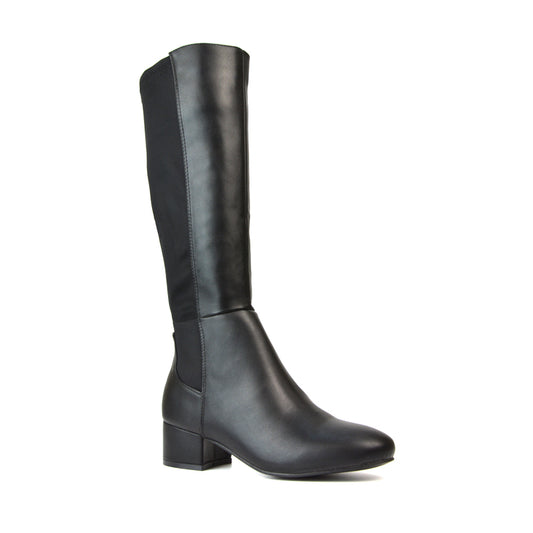 Hannah Low Block Heel Elasticated Calf Long Boots in Black Synthetic Leather