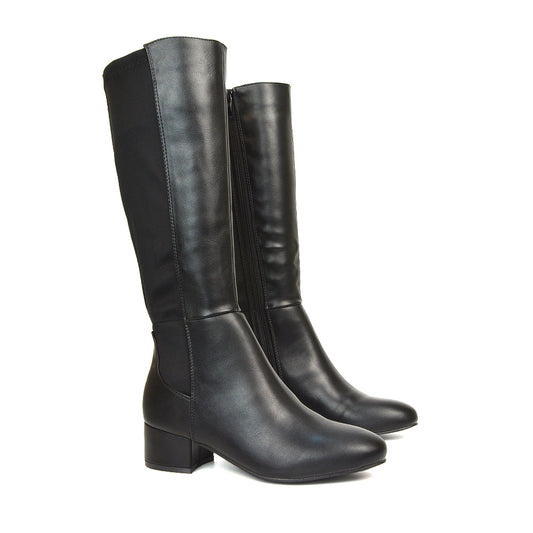 Hannah Low Block Heel Elasticated Calf Long Boots in Black Synthetic Leather