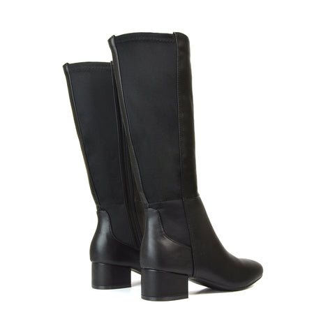 Hannah Low Block Heel Elasticated Calf Long Boots in Black Synthetic Leather