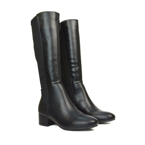 Hannah Low Block Heel Elasticated Calf Long Boots in Black Synthetic Leather